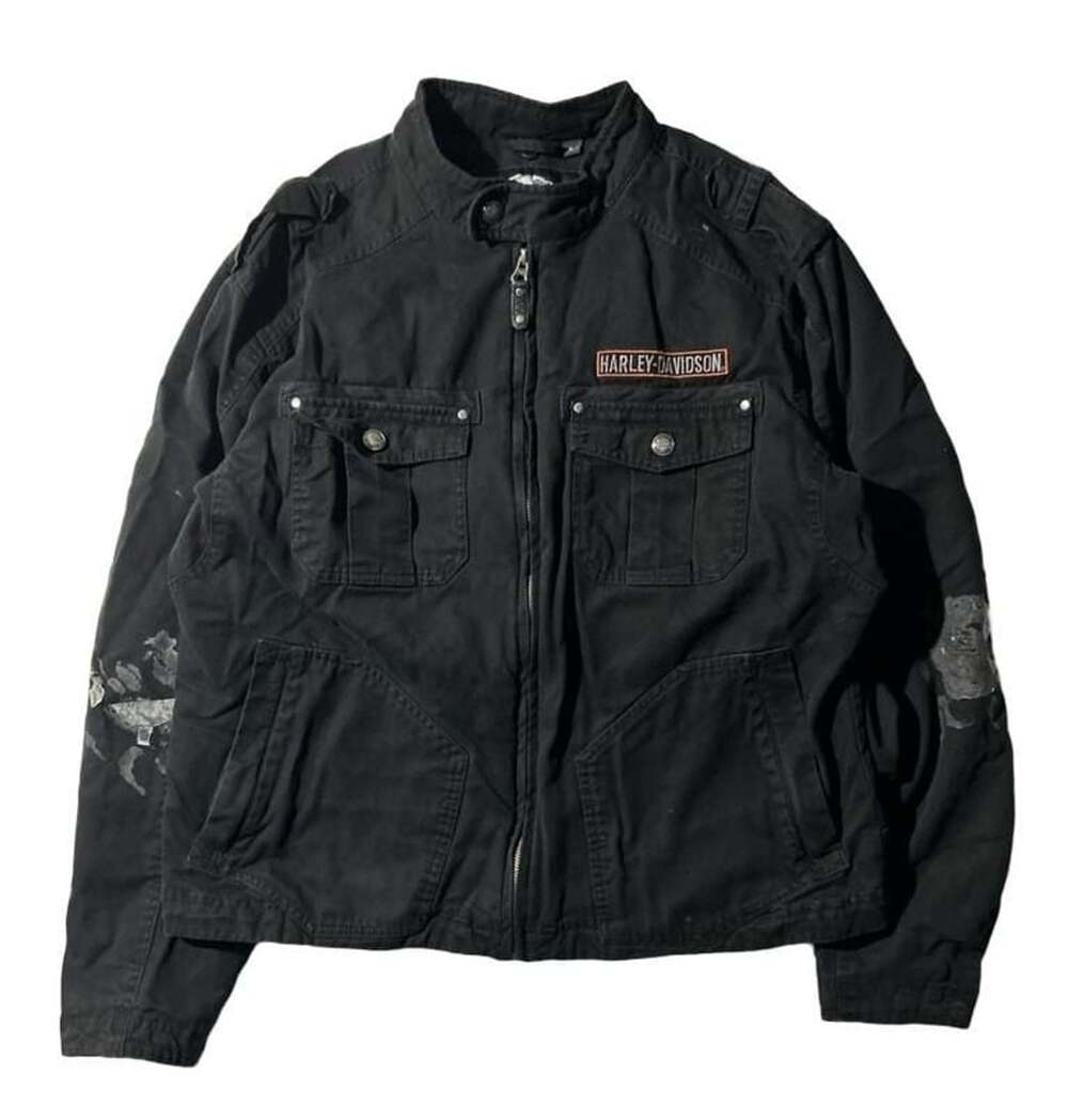 Harley-Davidson Black Cotton Canvas Cargo Moto Jacket Men’s L